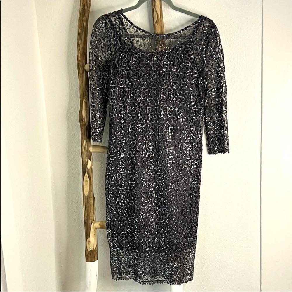 Kay Unger Gunmetal Dark Silver Sequin 3/4 Crochet Web Lace Cocktail Dress 4 6